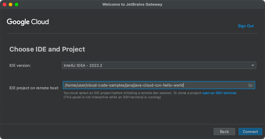 Selecciona tu IDE e introduce el nombre del proyecto
