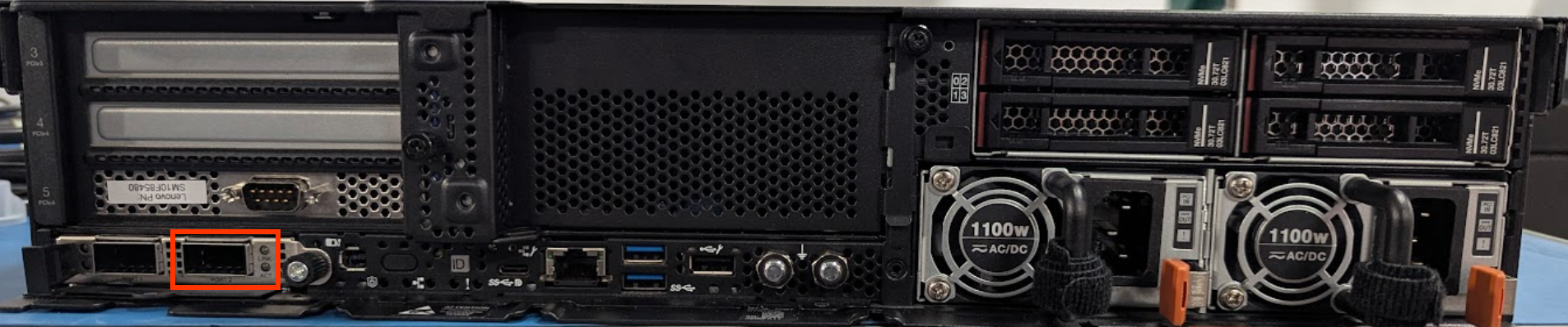 Network port highlighted on the appliance.