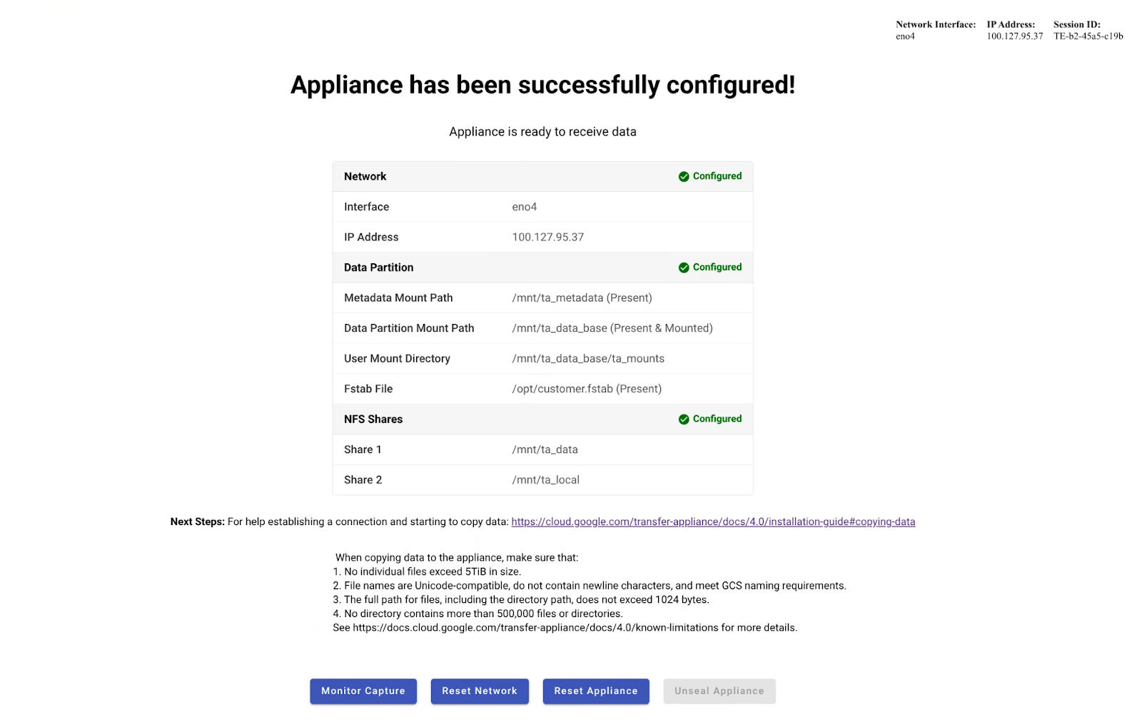 Menampilkan halaman detail konfigurasi UI Web Transfer Appliance.