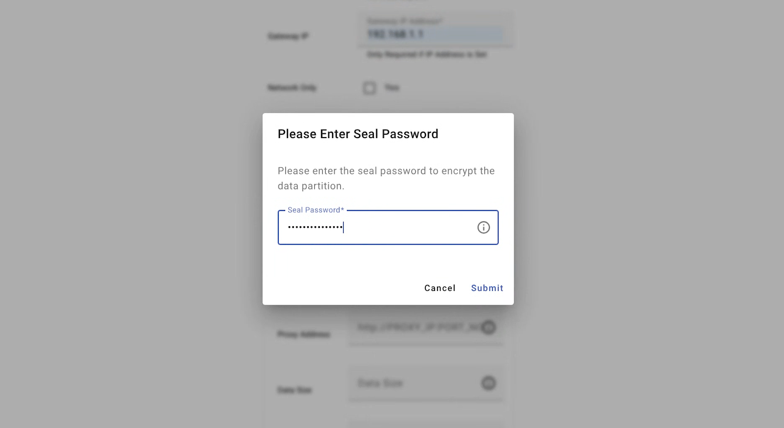 Mostra la finestra di dialogo della password del sigillo nella UI web di Transfer Appliance.