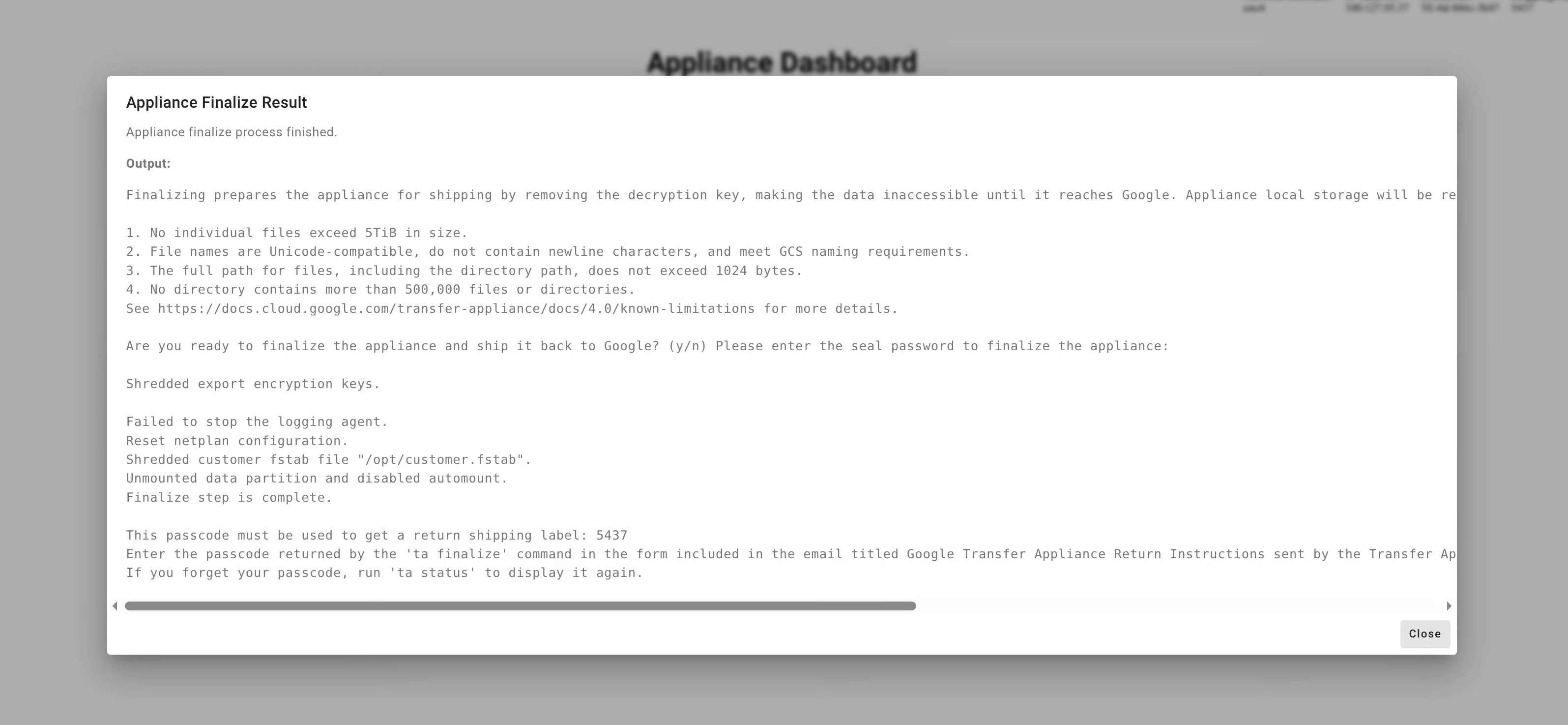 Zeigt den Versand-Sicherheitscode in der Transfer Appliance-Web-UI nach der Finalisierung an.