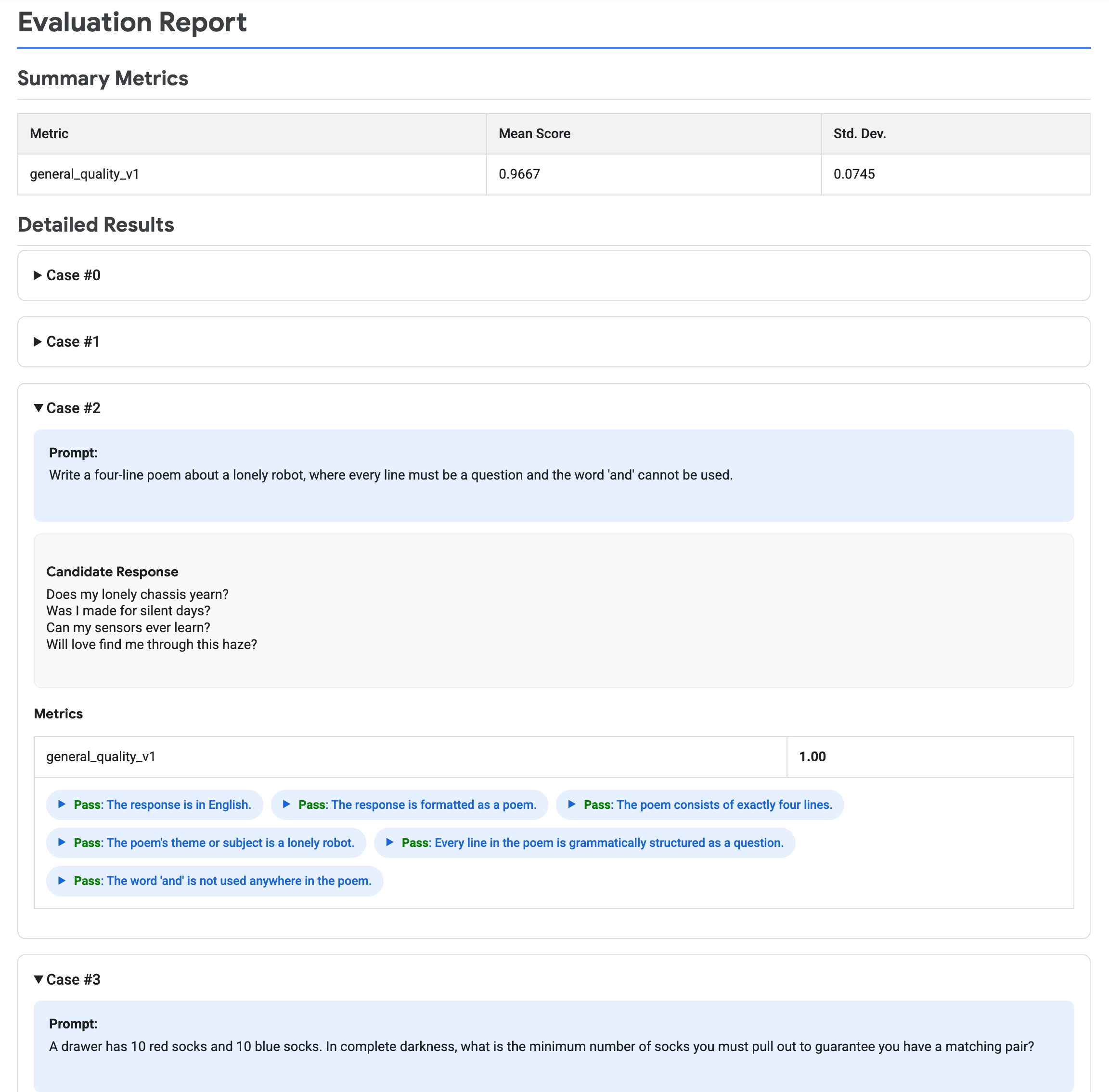 An evaluation report displaying summary metrics alongside detailed results for each prompt-response pair.