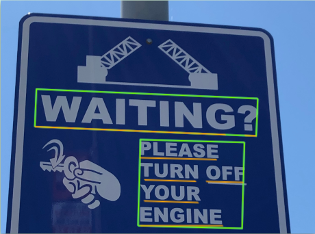 Señal de tráfico con palabras individuales y cuadros delimitadores para la detección de texto